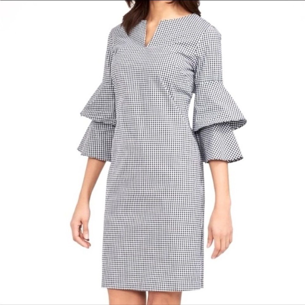 J. McLaughlin Letty Bell Navy/White Sz XL Gingham Ruffle Sleeve Dress Career - Picture 11 of 11